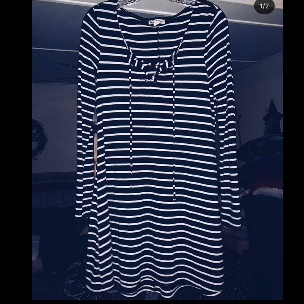 black and white striped mid length dress